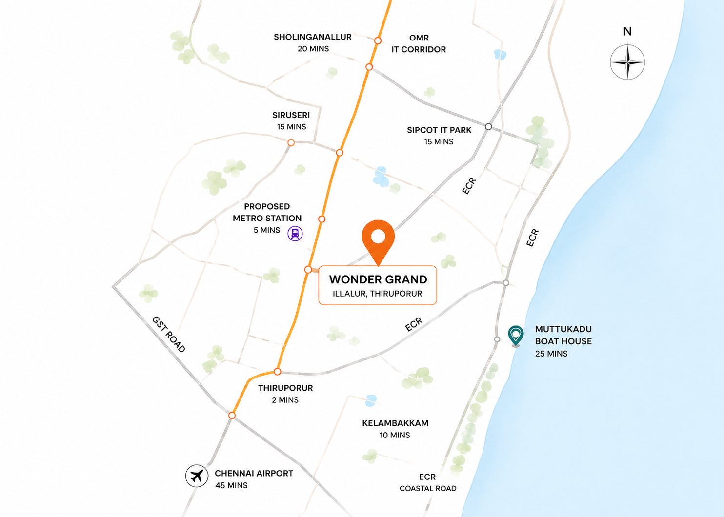 Location map showing Wonder Grand, Illalur, Thiruporur and nearby destinations